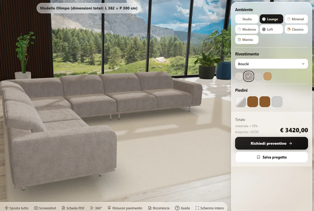 Configuratore 3D SOFA3D: divano ad angolo in bouclé con pannello di rivestimenti e prezzo